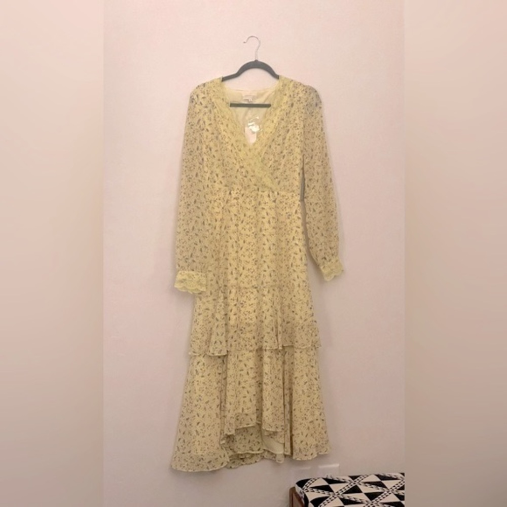 Yellow Floral Sun Dress by Melloday Midi  Ruffle Tiered